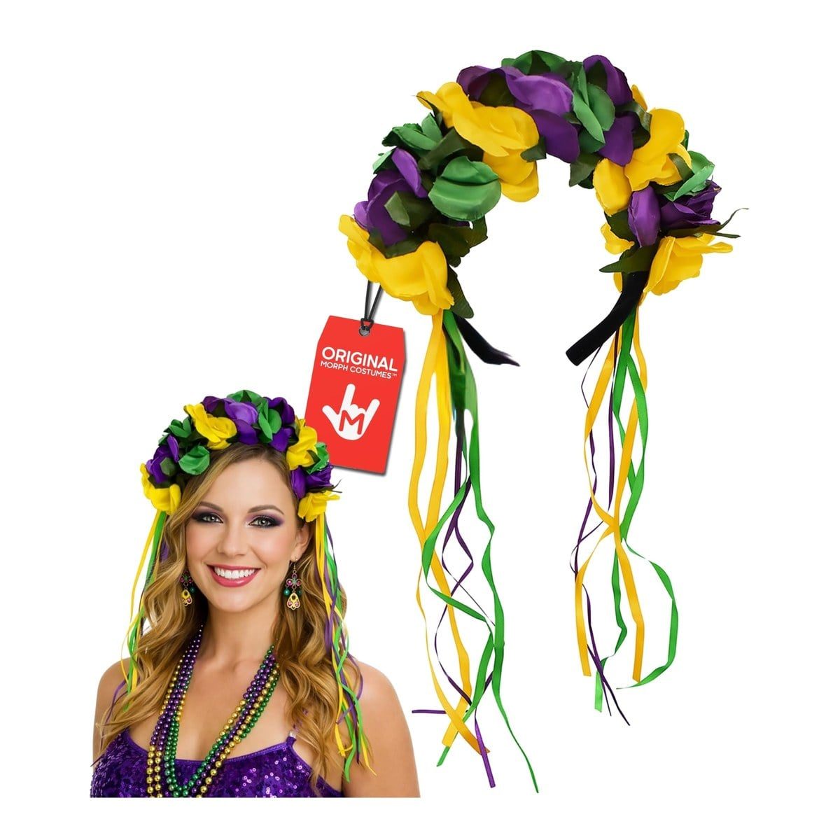 Floral crown headband of yellow, green, and purple satin flowers with long trailing ribbons, shown flat and worn by a smiling woman with wavy blonde hair