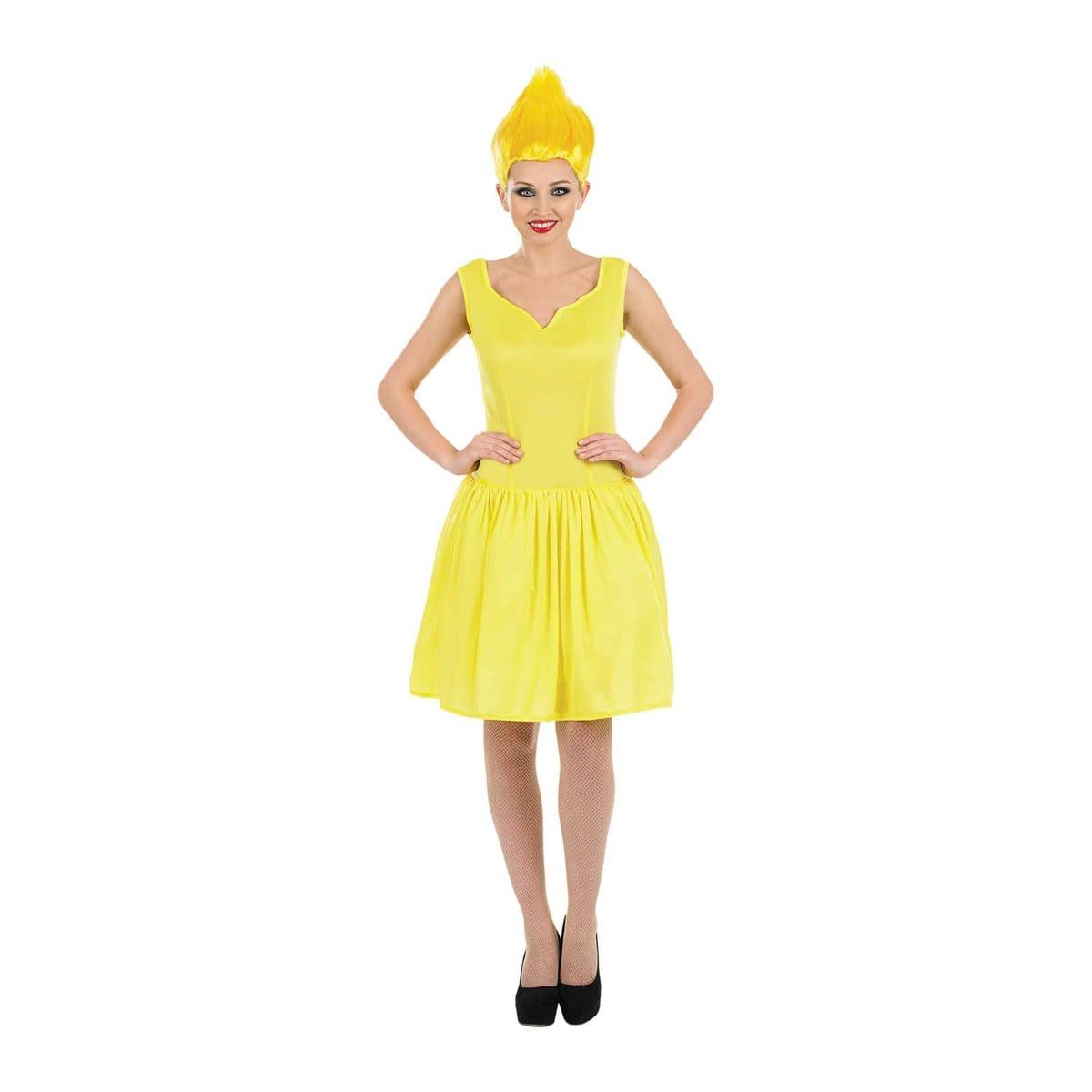 Smiling woman in a sleeveless knee-length yellow dress with a flared skirt and a tall spiky yellow wig, hands on hips