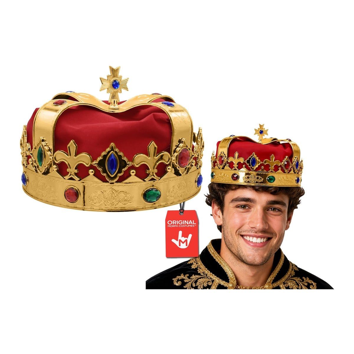 Gold-tone king crown with a red velvet lining, red, blue, and green faux jewels, and a jeweled cross on top, shown alone and worn by a smiling man