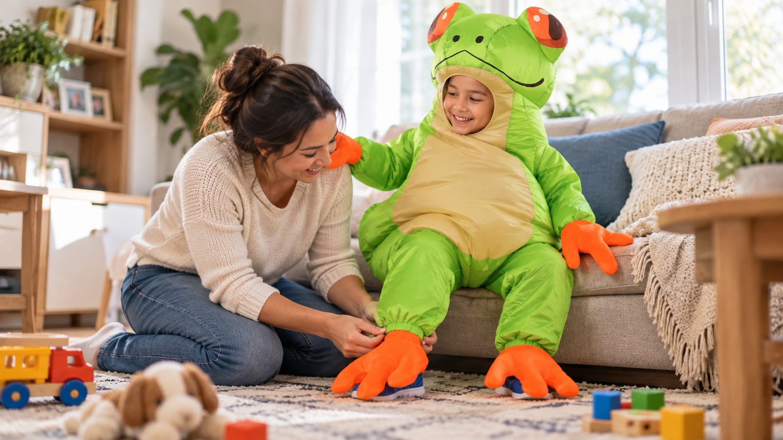 A parent kneels to tighten the elastic ankle cuff of a child's partly inflated green frog costume in a living room while the child sits on the sofa and grins