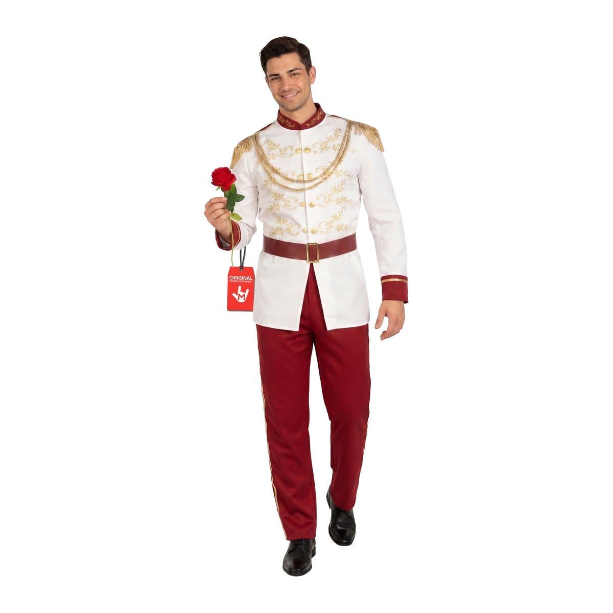 Man in an off-white jacket with gold embroidery and gold shoulder fringe, a red belt, and red pants with gold trim, holding a red rose