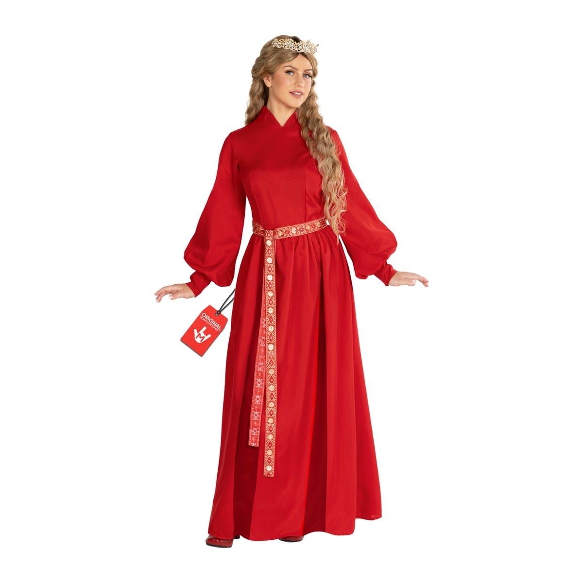 Woman in a long red gown with full puffed sleeves and a gold belt hanging from the waist