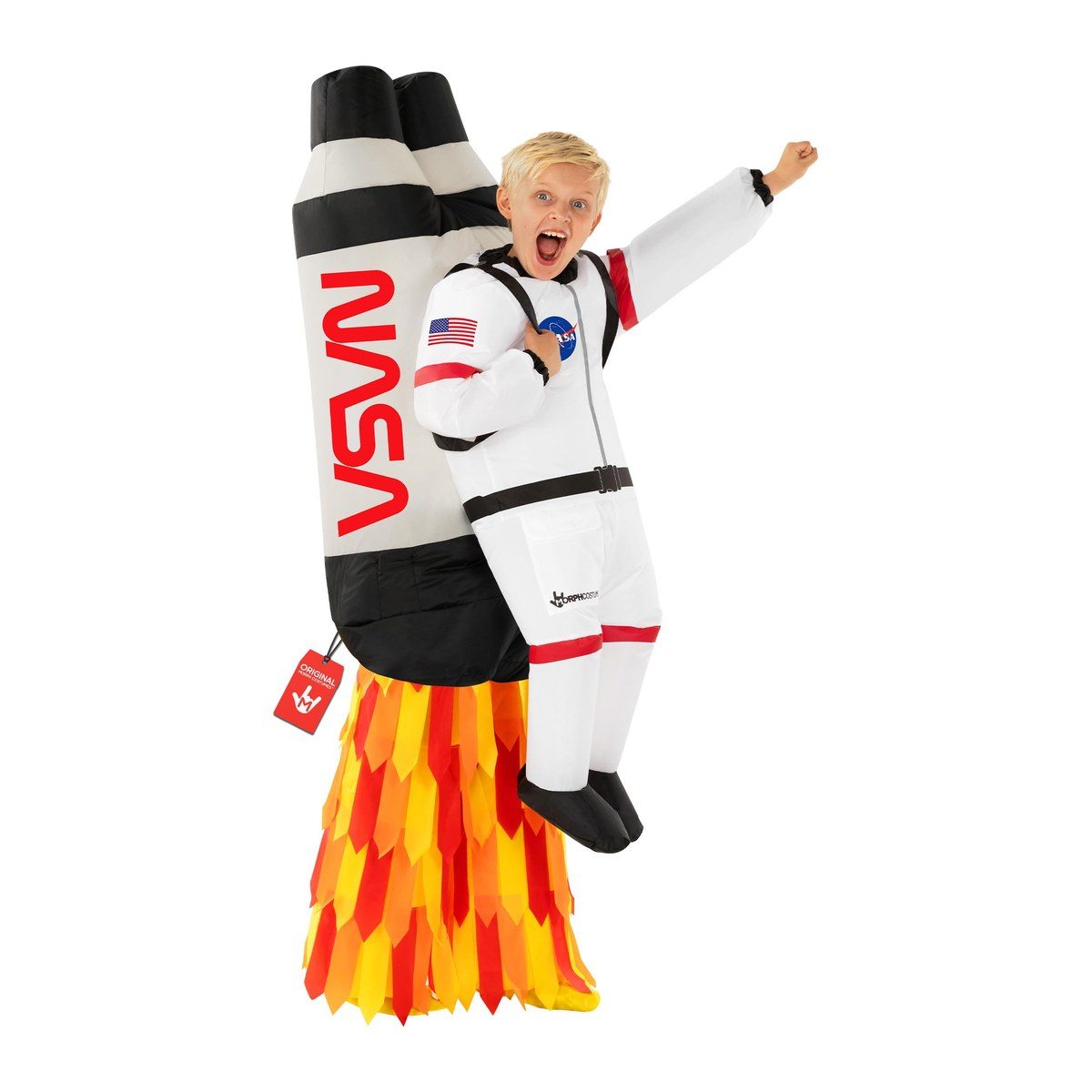 Child in a white astronaut jumpsuit with an inflatable rocket pack on the back and red and orange flames below the feet