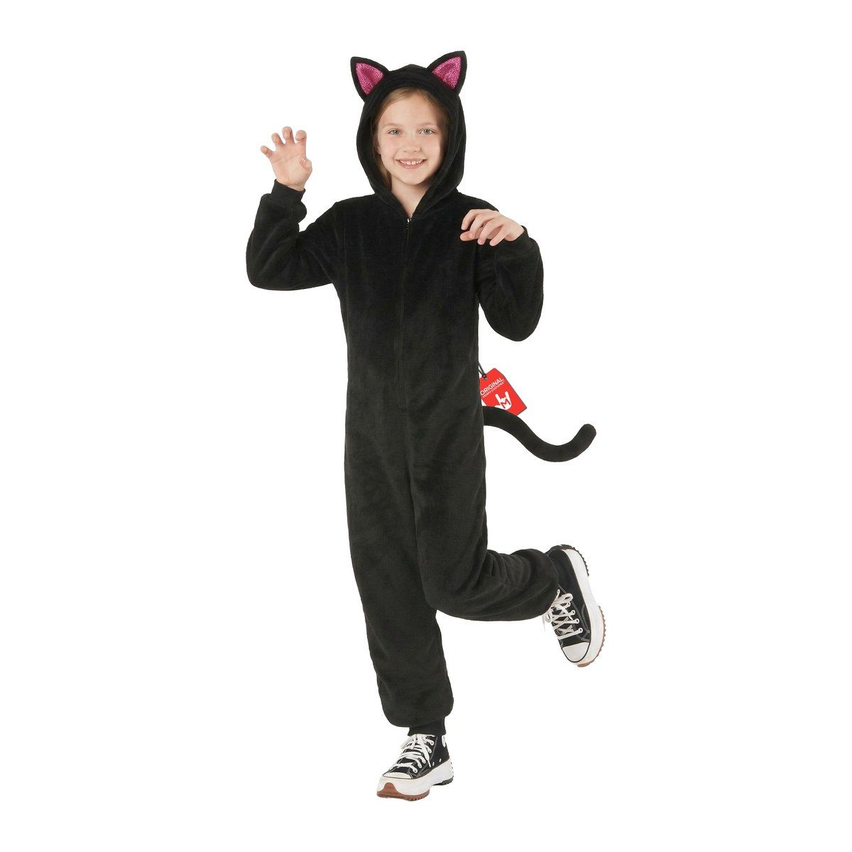 Girl in a black plush all-in-one jumpsuit with cat ears on her head and a black tail, standing on one leg with her hands raised like paws