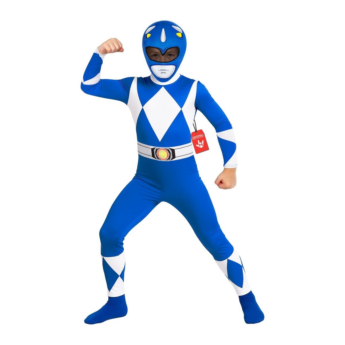 Child in a blue Power Rangers bodysuit with a white diamond chest panel, a printed white belt, and a blue helmet print, standing in a power pose with a fist raised