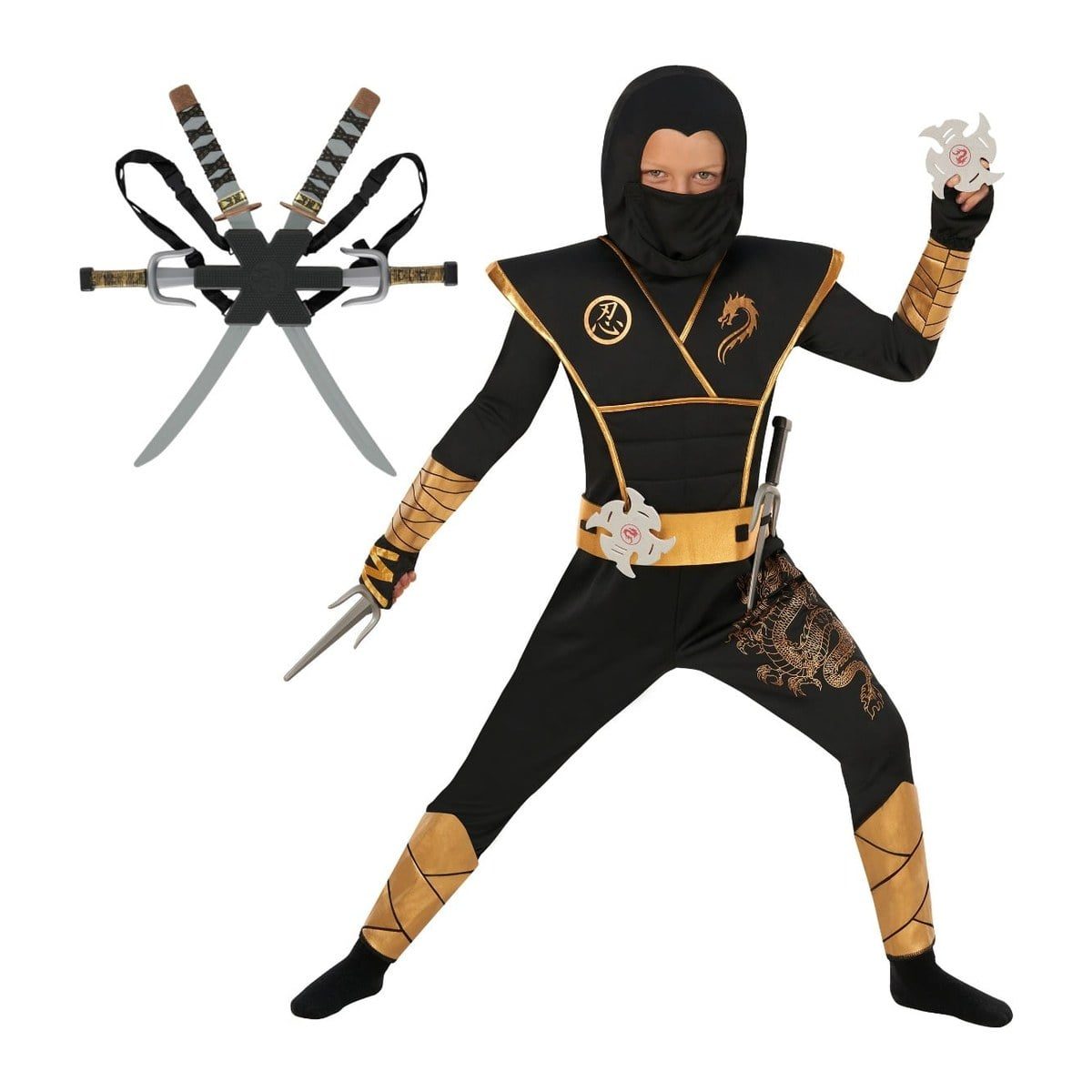 Child in a black hooded ninja jumpsuit with gold trim and a gold dragon print, holding foam throwing stars, with a backpack of toy swords beside them