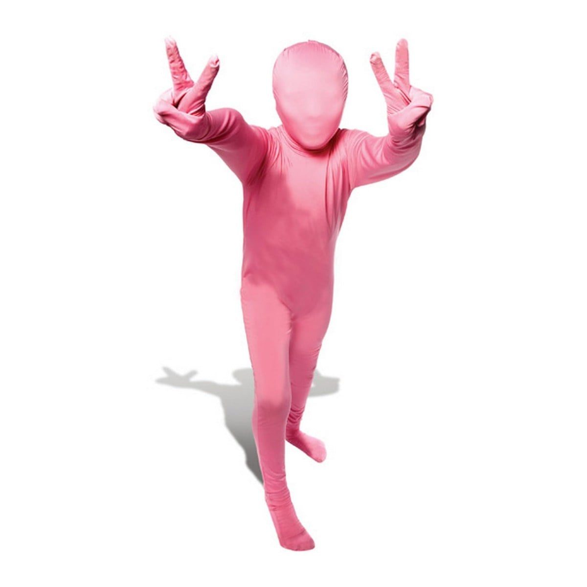 Child in a full-body pink spandex suit that covers the head and face, standing with both hands raised in peace signs