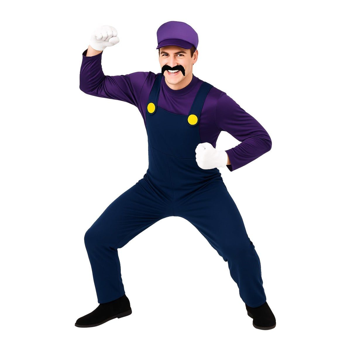 Man in a purple long-sleeve top and navy overalls with yellow buttons, a purple cap, a black mustache, and white gloves, flexing both arms