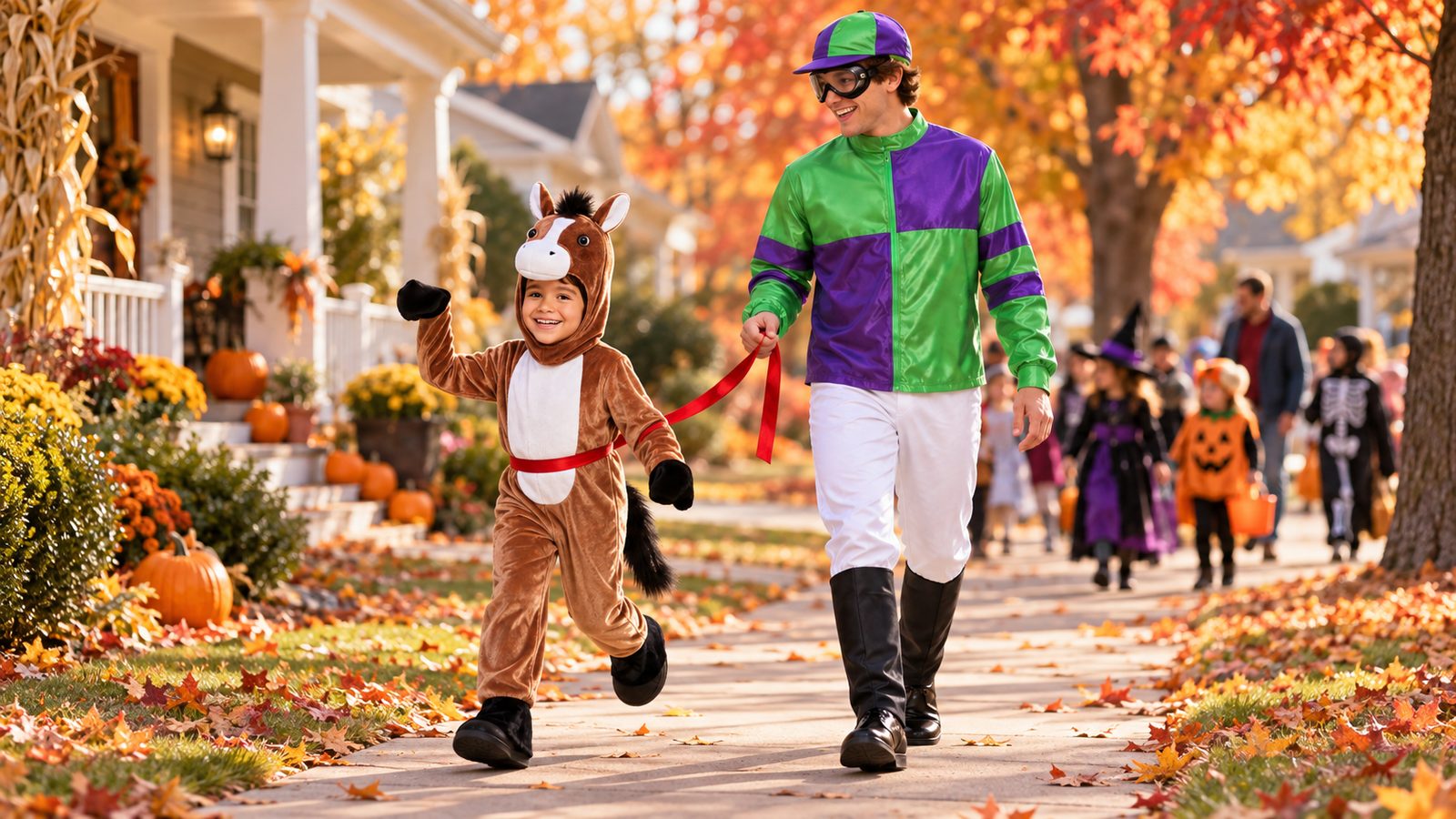 Child in a plush brown horse jumpsuit trotting beside a parent in a green and purple jockey costume on a neighborhood sidewalk during a fall costume parade