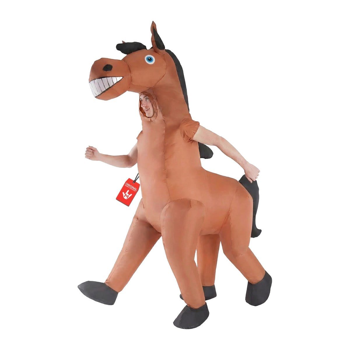 Adult wearing the giant inflatable horse costume, a brown inflatable horse body with a grinning toothy head, black mane and tail, and black hoof boots, with the wearer's face showing at the neck