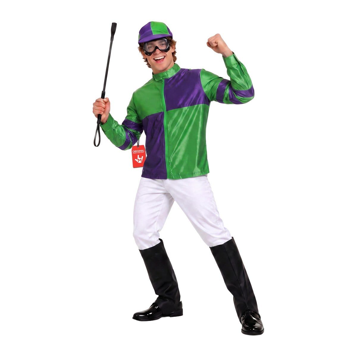 Man in the men's green and purple jockey costume: a zip-front top in green and purple blocks, a matching cap with goggles, white pants, and black boot covers