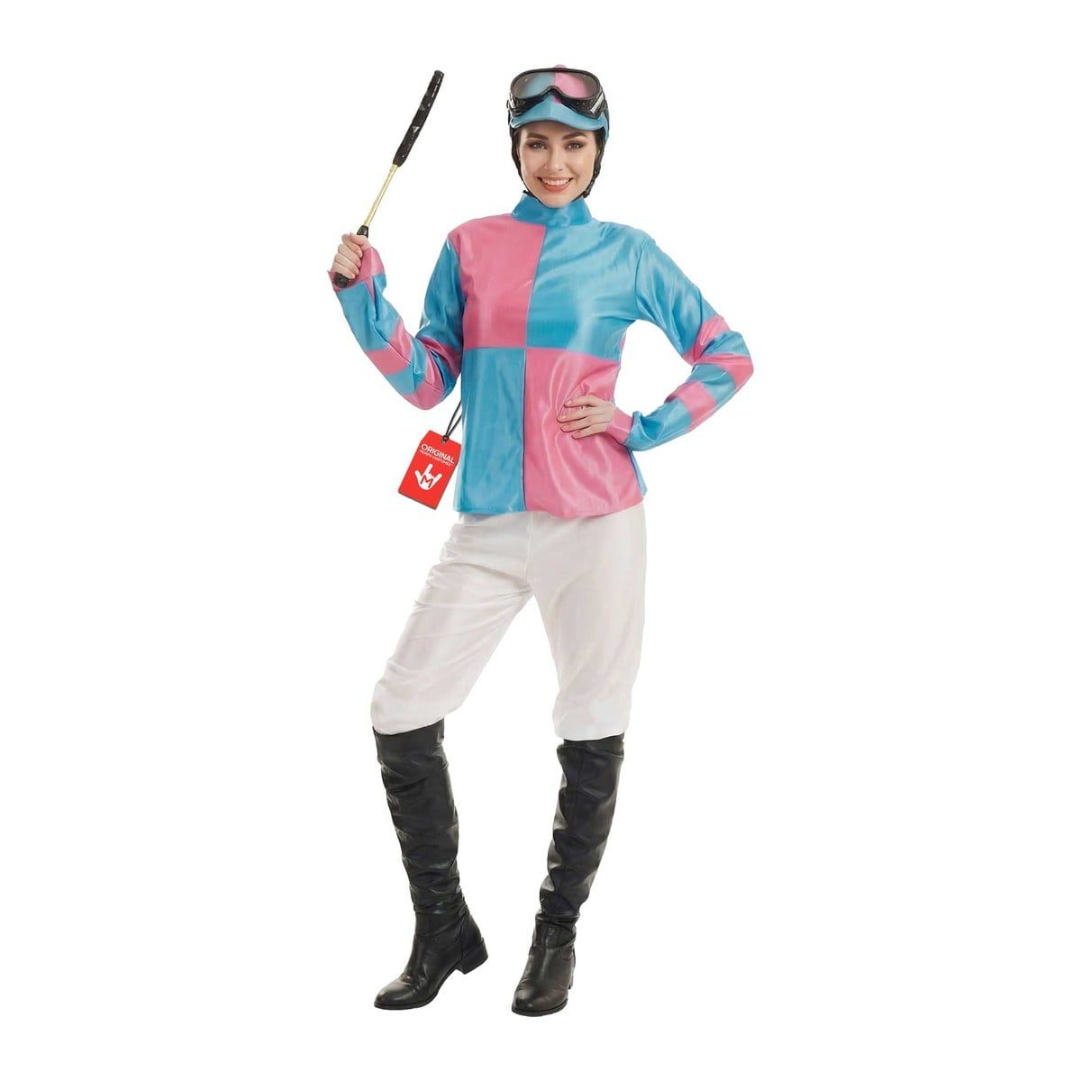 Woman in the women's pink and blue jockey costume: a zip-up top in pink and blue quarters, white jodhpur-style pants, a pink and blue cap with goggles, and tall black boots