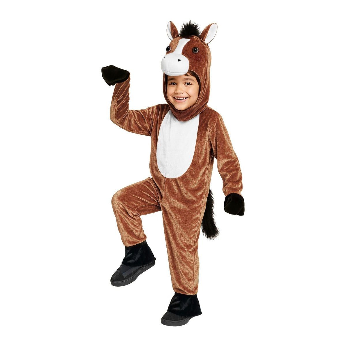 Smiling child in the Kids Horse Jumpsuit Costume, a brown plush jumpsuit with a hood with ears, a white muzzle and chest panel, black hoof mitts, and an attached tail