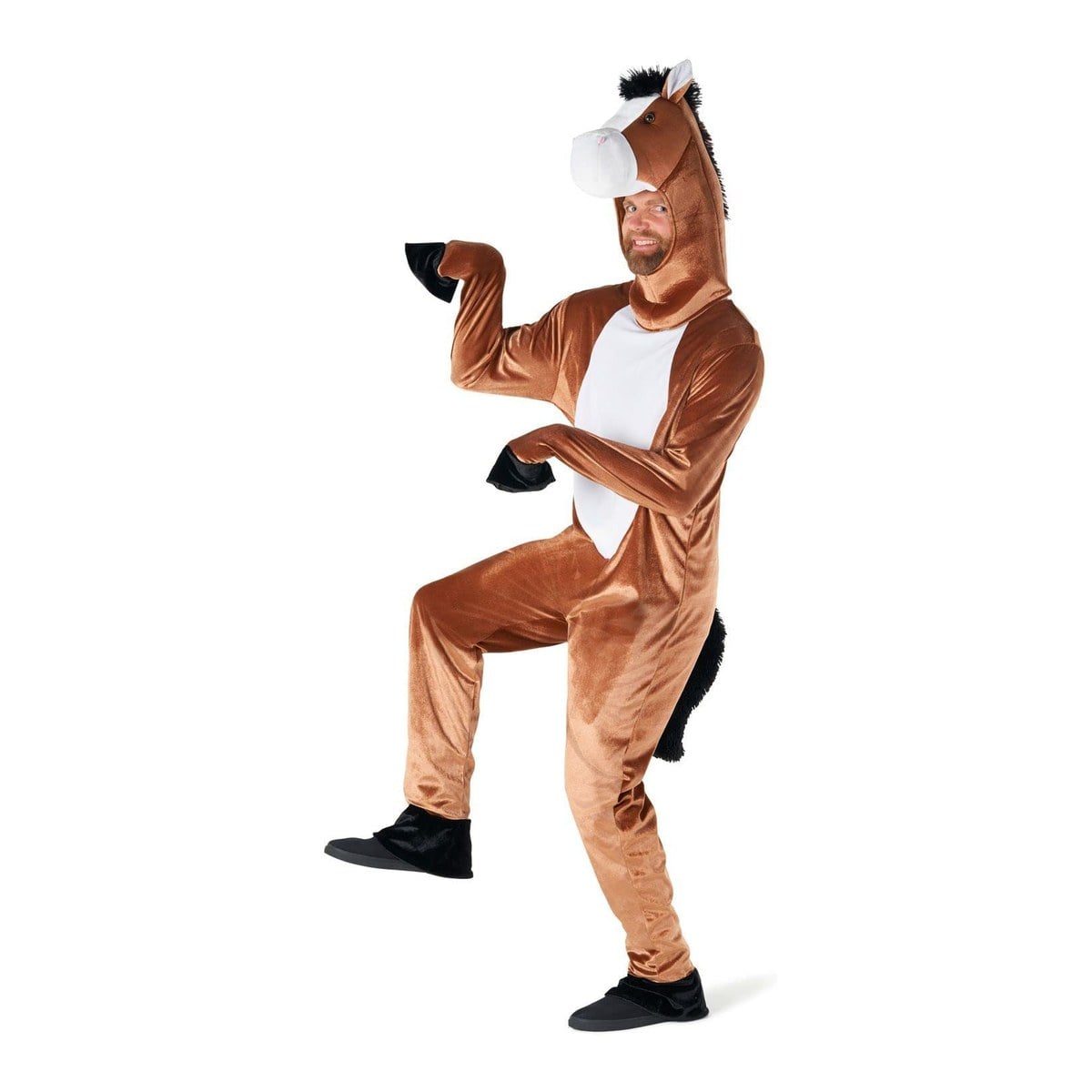 Man in the Mens Horse Costume, a brown plush horse jumpsuit with a padded hood with a white muzzle and black mane, black hoof mitts, and shoe covers, one knee raised in a trotting pose