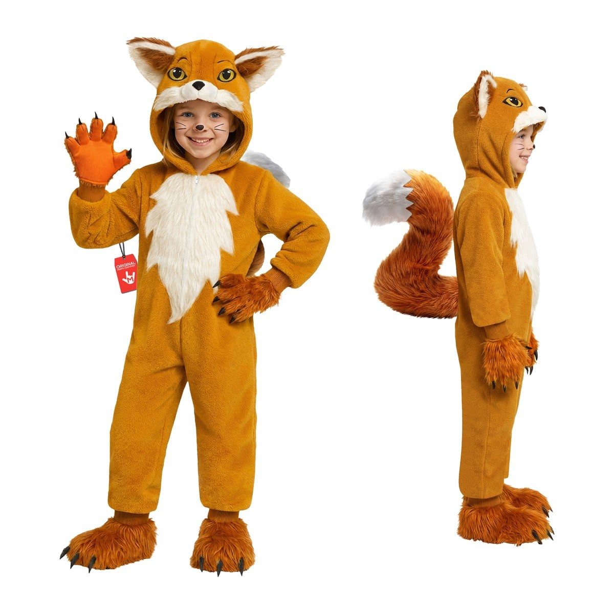 Child in an orange plush fox jumpsuit with a white fur chest, a fox-face hood with pointed ears, clawed paw gloves and paw feet, waving, with a side view showing a long orange and white tail
