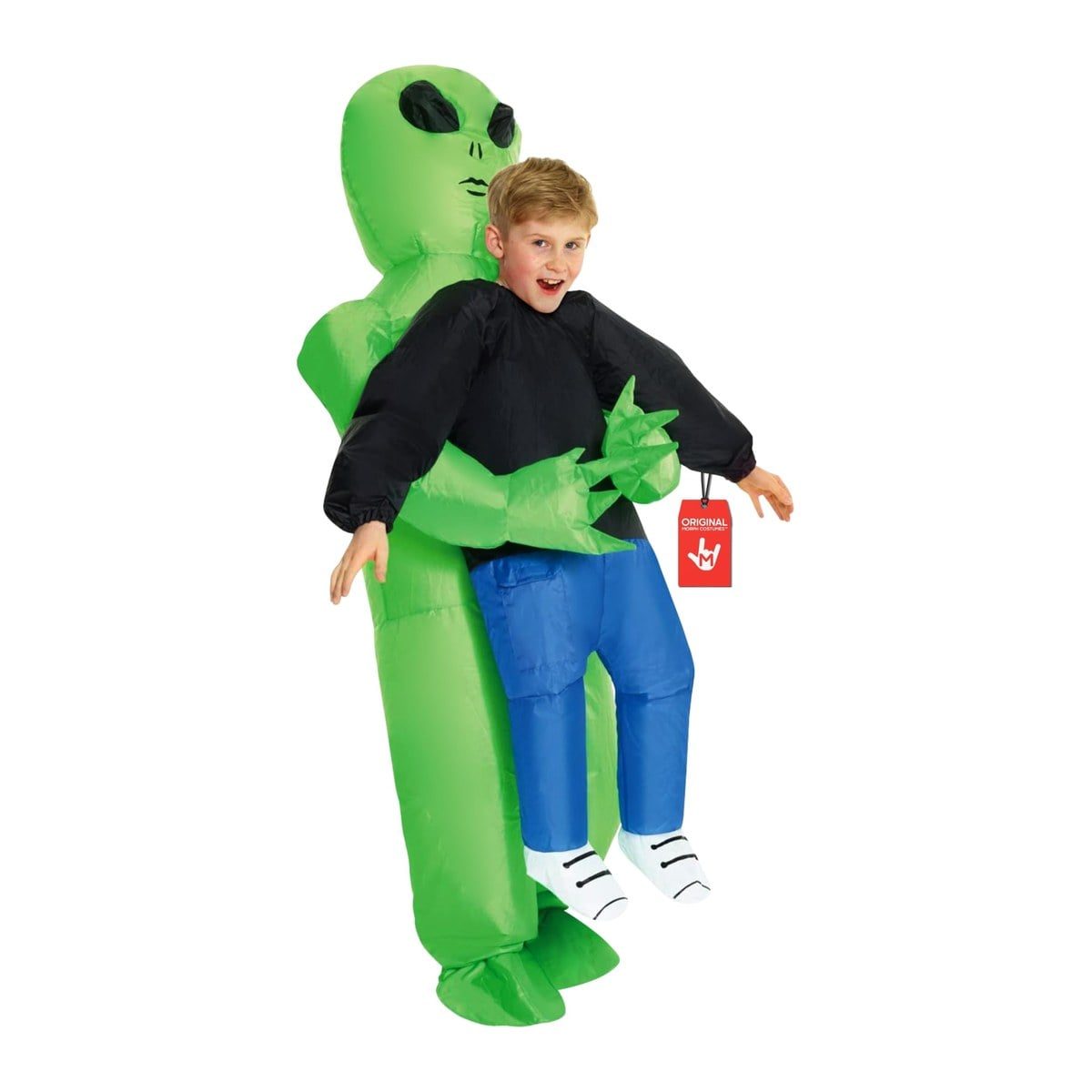 Boy in a green inflatable alien costume that makes him look carried off in the alien's arms, with the costume's padded rider legs in blue pants and white sneakers dangling below and the alien's bug eyes above his head