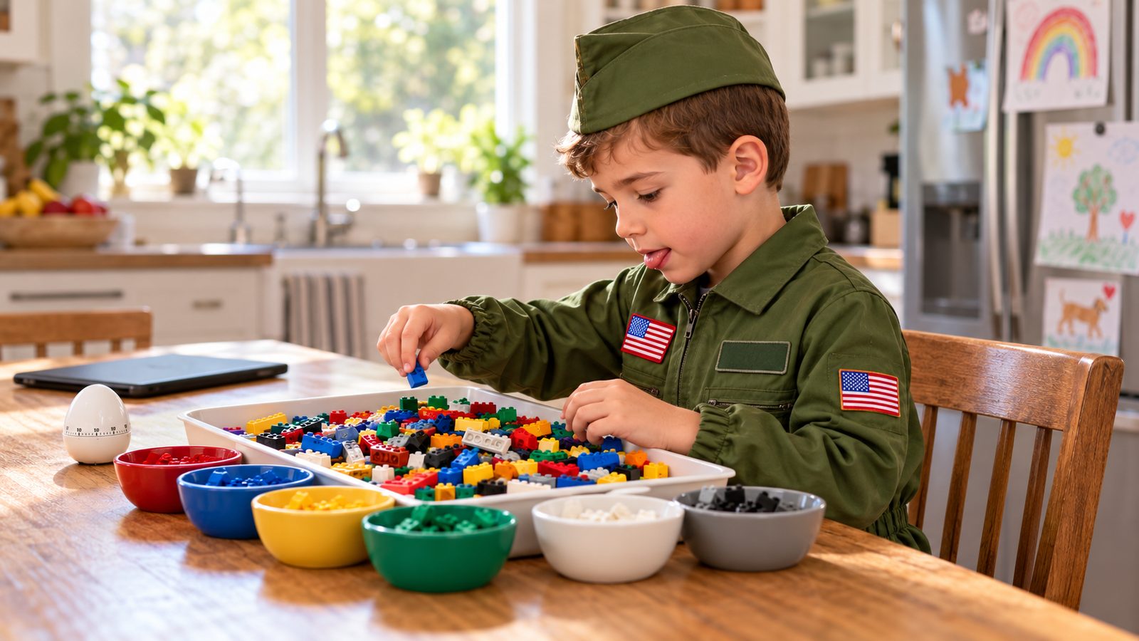 A boy in an olive green aviator jumpsuit with American flag patches and a matching garrison cap sits at a kitchen table sorting colored building bricks into bowls, a tablet face down and ignored at the end of the table