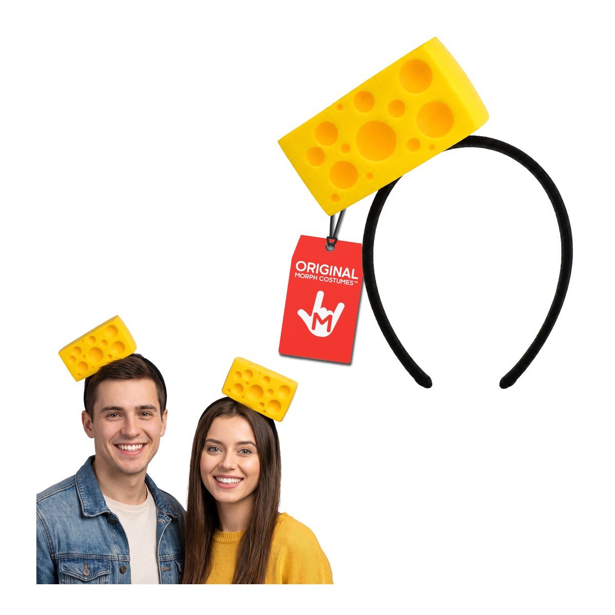 A yellow cheese wedge headband with round holes on a black band, shown with a smiling man and woman each wearing one