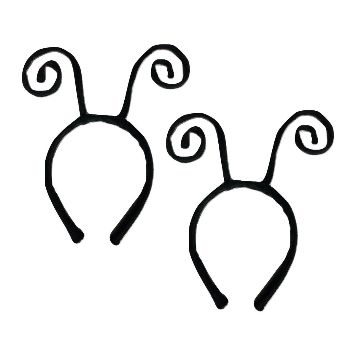 Two black velvet antenna headbands with curled tips, shown side by side on a white background