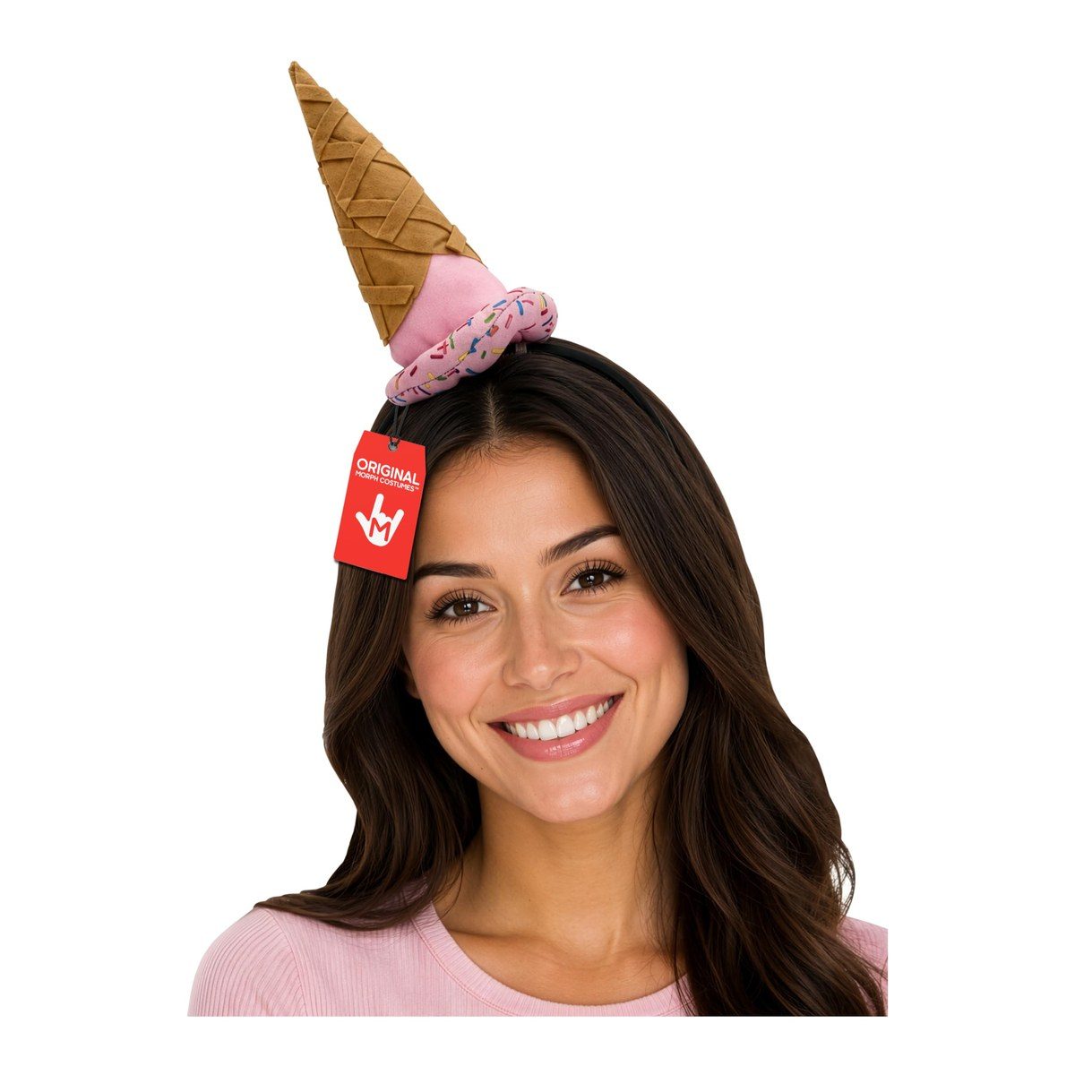 A plush ice cream cone headband with a waffle cone and a pink scoop with sprinkles, worn by a smiling woman