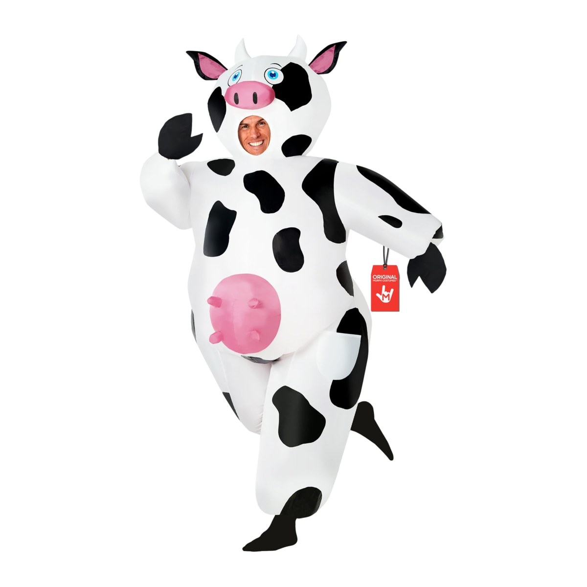Adult in a giant inflatable cow costume with black spots, a pink udder and black hoof mitts