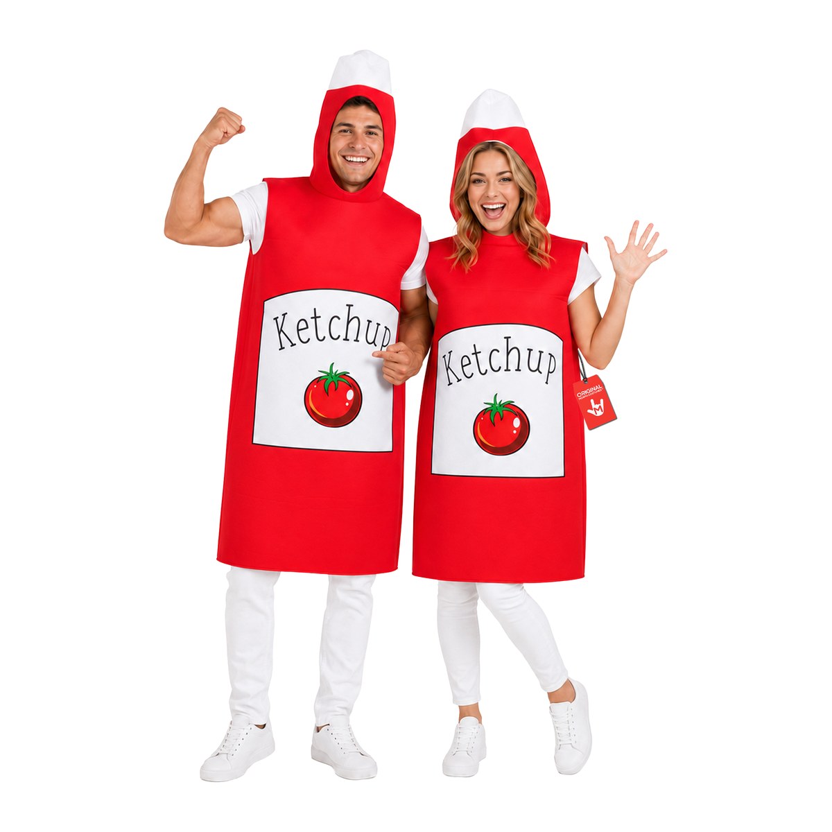 Couple in matching red ketchup bottle costumes with a printed tomato label and a white-capped hood