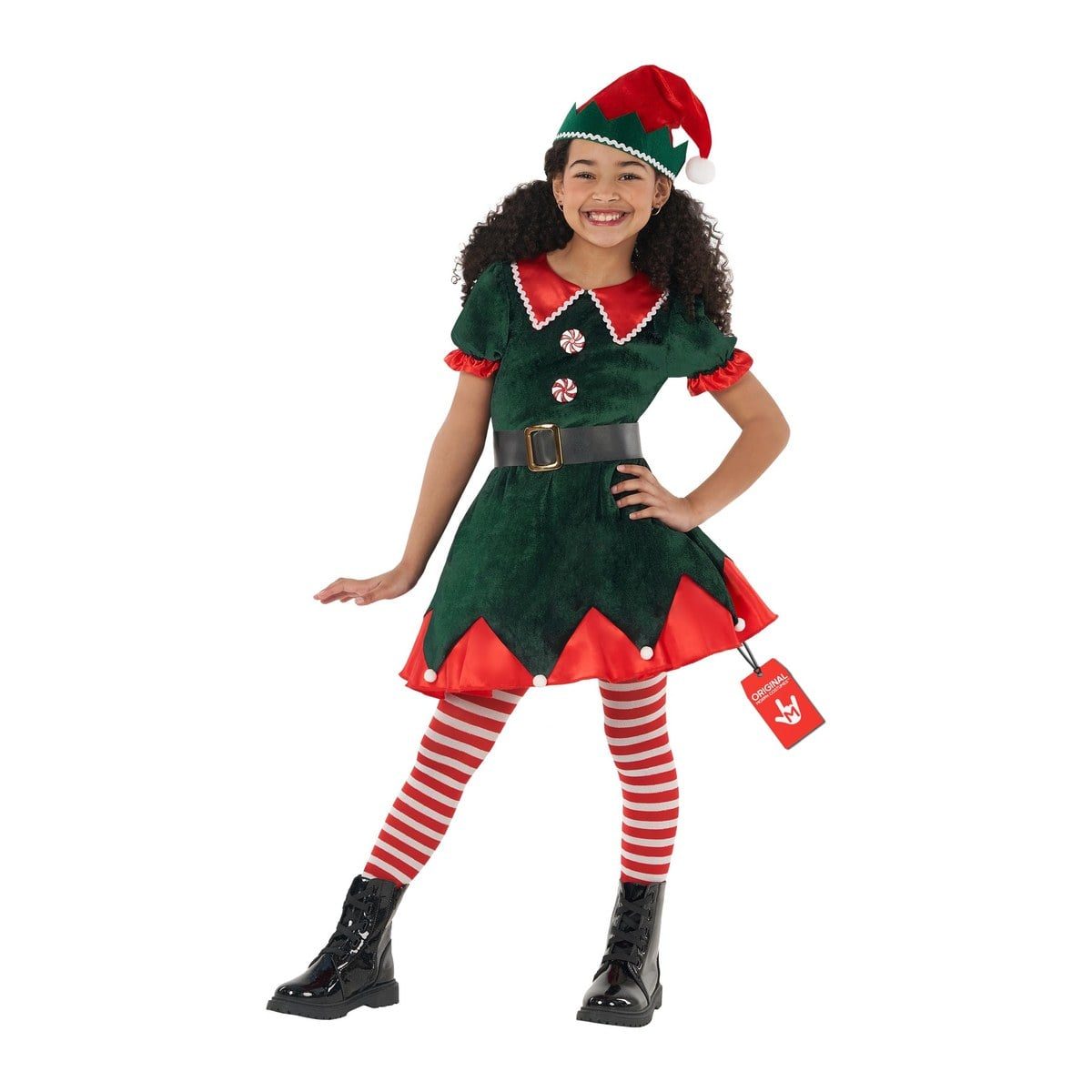 Girl in a green velour elf dress with a red satin collar, peppermint candy buttons, a black buckled belt, a red jagged underskirt, red-and-white striped tights, and a red and green elf hat with a white pom pom