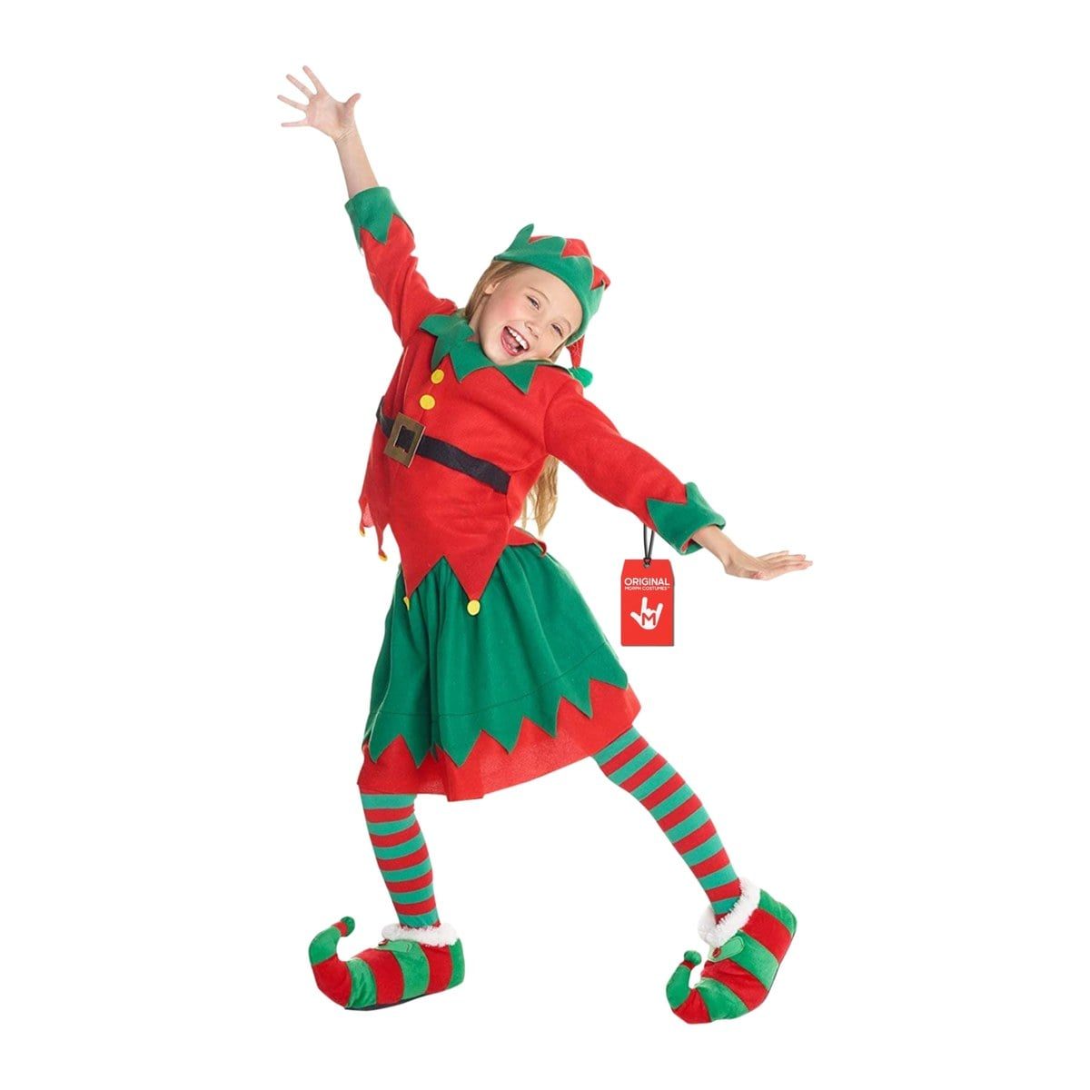 Girl in a red long-sleeved elf top with green jagged cuffs and collar, a printed black belt, a green skirt with a red jagged hem, and a green-and-red pointed bobble hat, arms flung wide