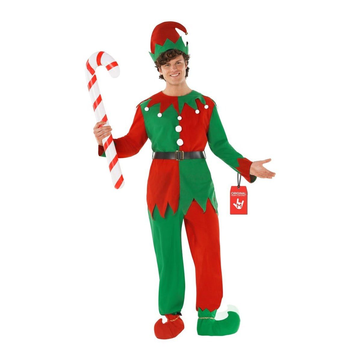 Man in a harlequin elf costume with a half-red, half-green top, jagged hem and white pom pom buttons, a black belt, green-and-red paneled pants, a red and green elf hat, and elf boot covers