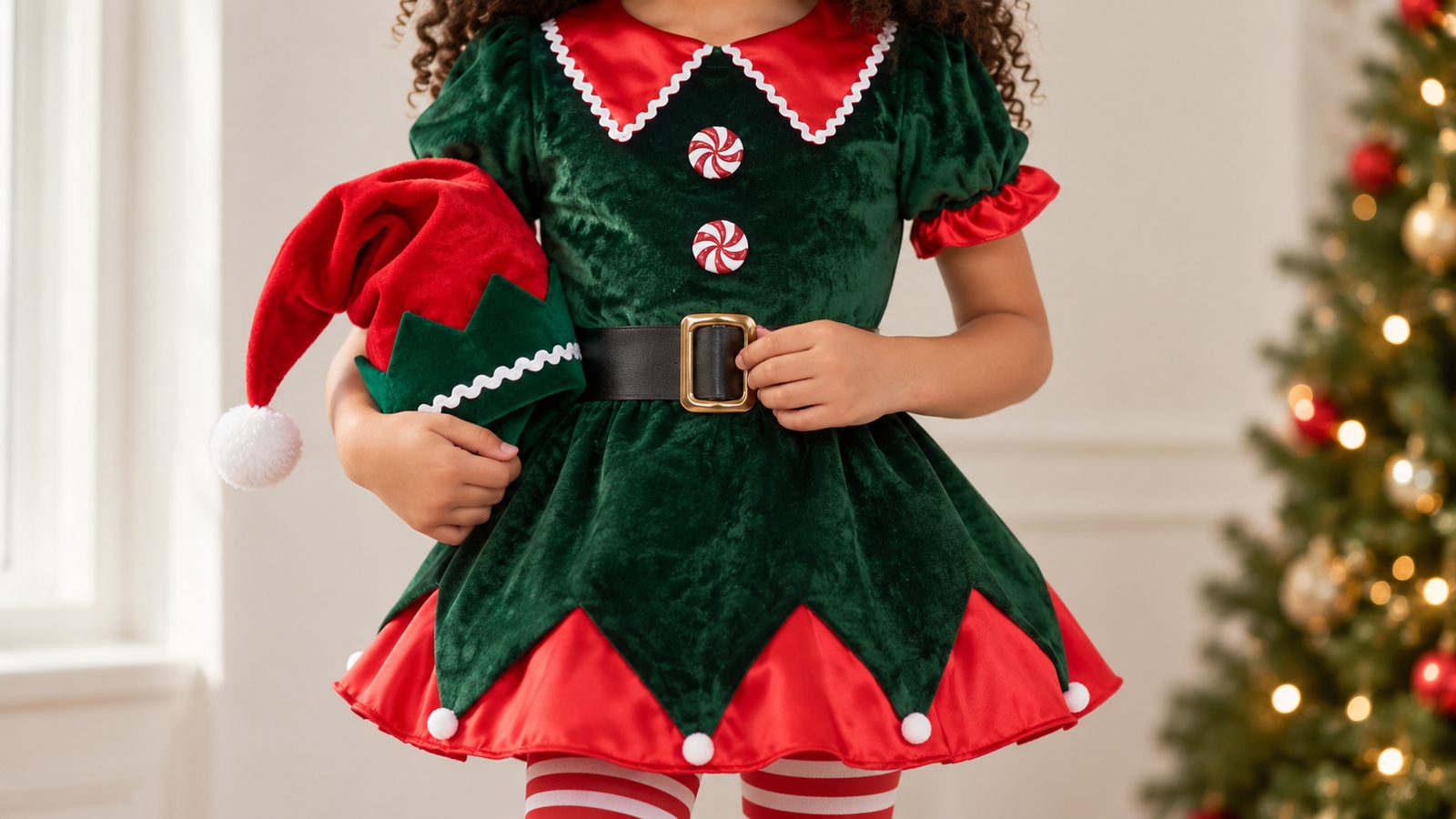 Close-up of a child's green velour elf dress showing the red satin collar with white squiggle trim, peppermint candy buttons, and the black belt buckle, with red-and-white striped tights below