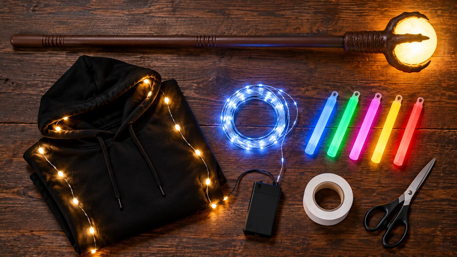 A flat-lay on a dark wooden table of a wizard staff with a glowing crystal ball, a folded black hoodie with a string of small warm lights, a coil of blue-white lights, five glow sticks, a roll of white tape, a small battery pack, and scissors
