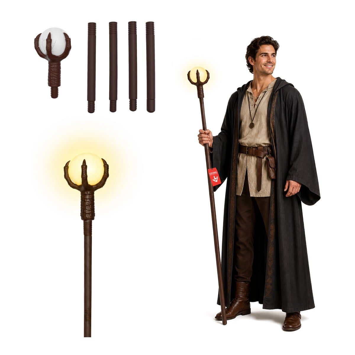 A clawed, glowing crystal ball piece and four brown shaft sections laid out, the lit orb close up, and a man in a dark hooded robe holding the assembled staff