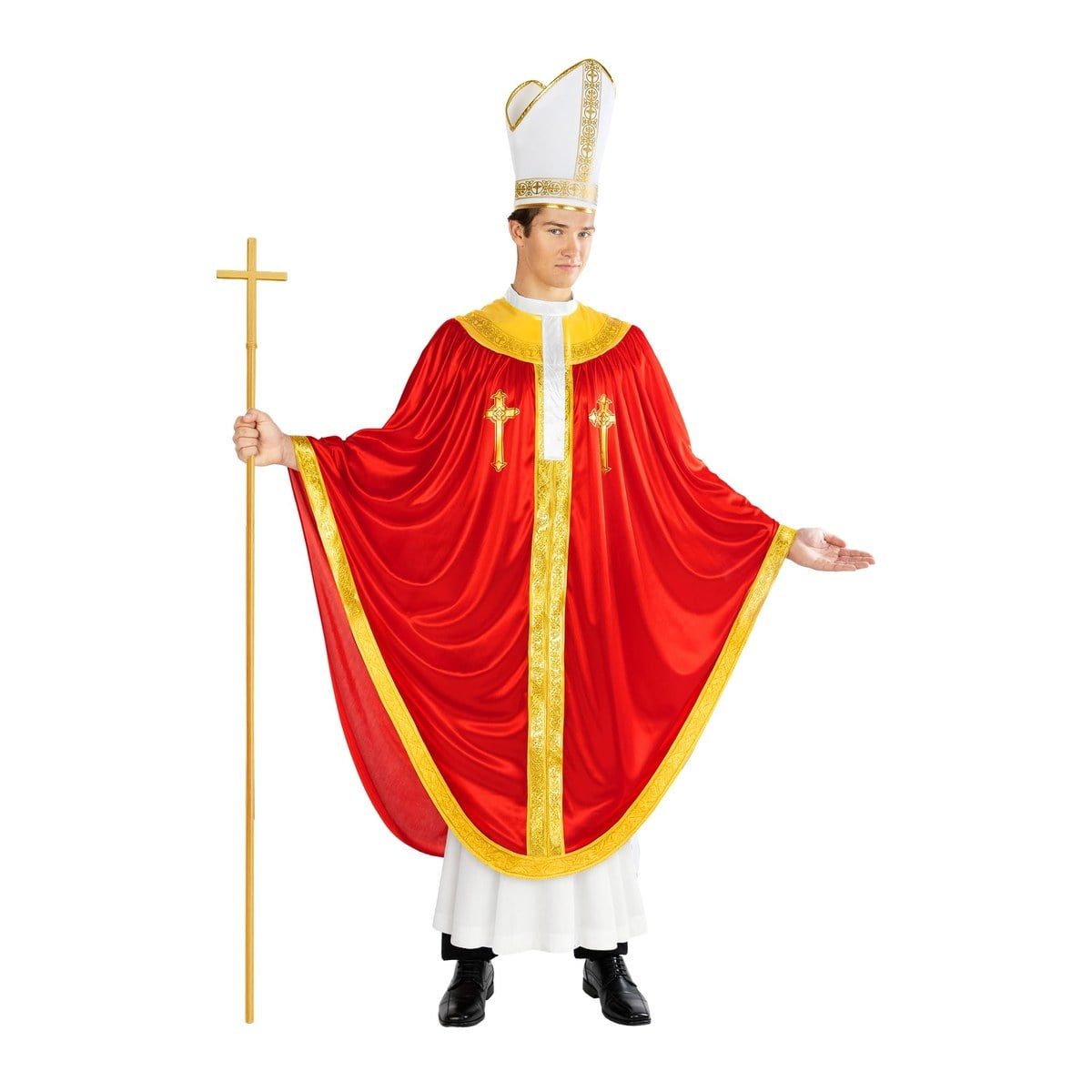 Man in a white robe under a red and gold cape with gold crosses, wearing a tall white and gold mitre