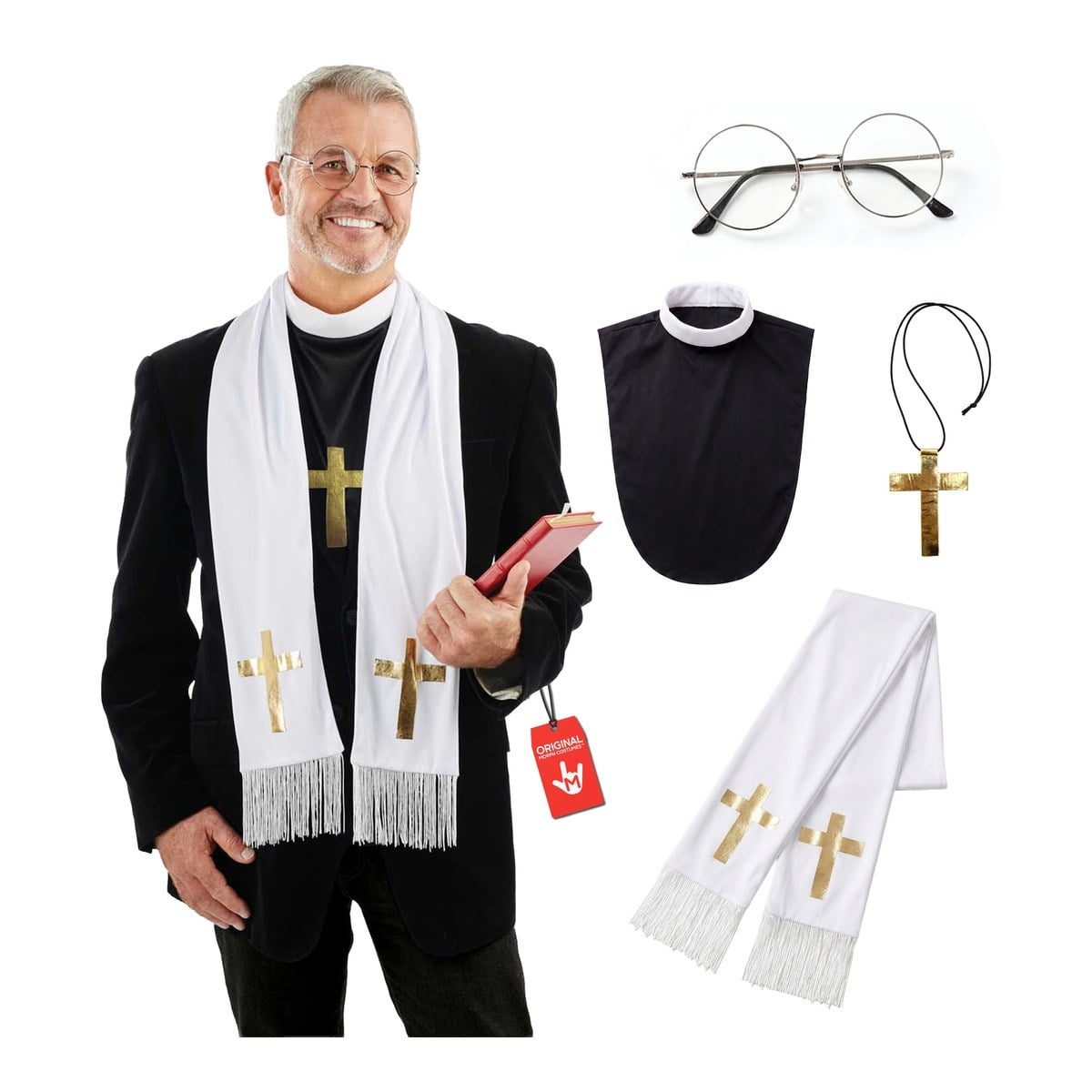 Man in a black clergy bib with a white collar, a white scarf with gold crosses, round glasses, and a gold cross necklace
