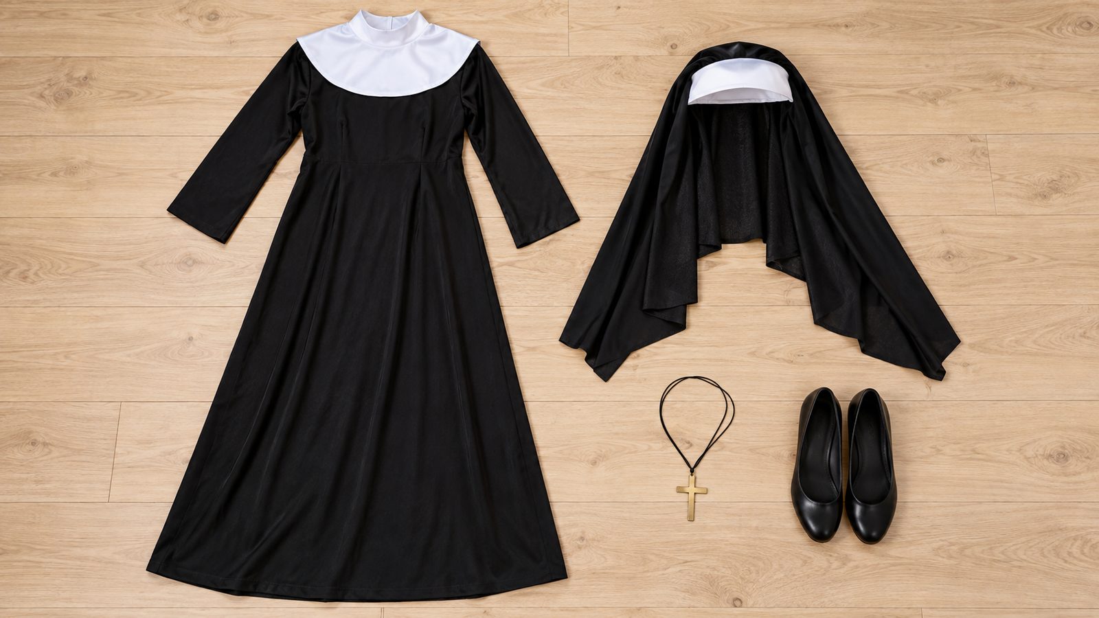 Overhead flat-lay of a classic nun costume: a long black dress with a white collar, a white-band black veil headdress, a gold cross necklace, and black low-heeled shoes