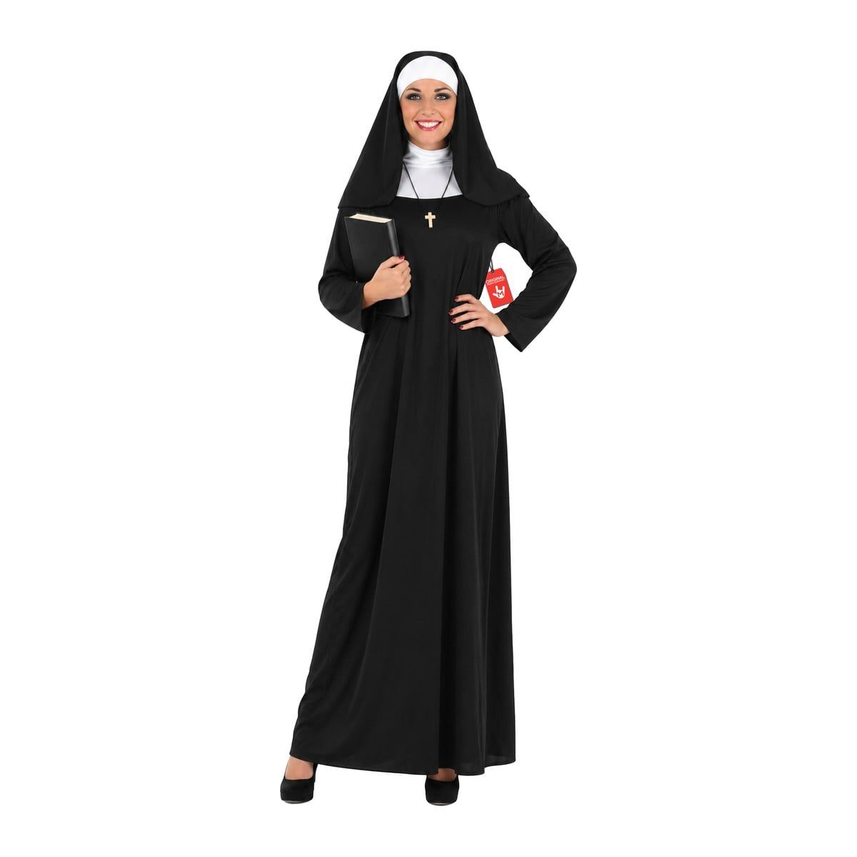 Woman in a long black nun dress with a white collar, a white-band black veil, and a small gold cross necklace
