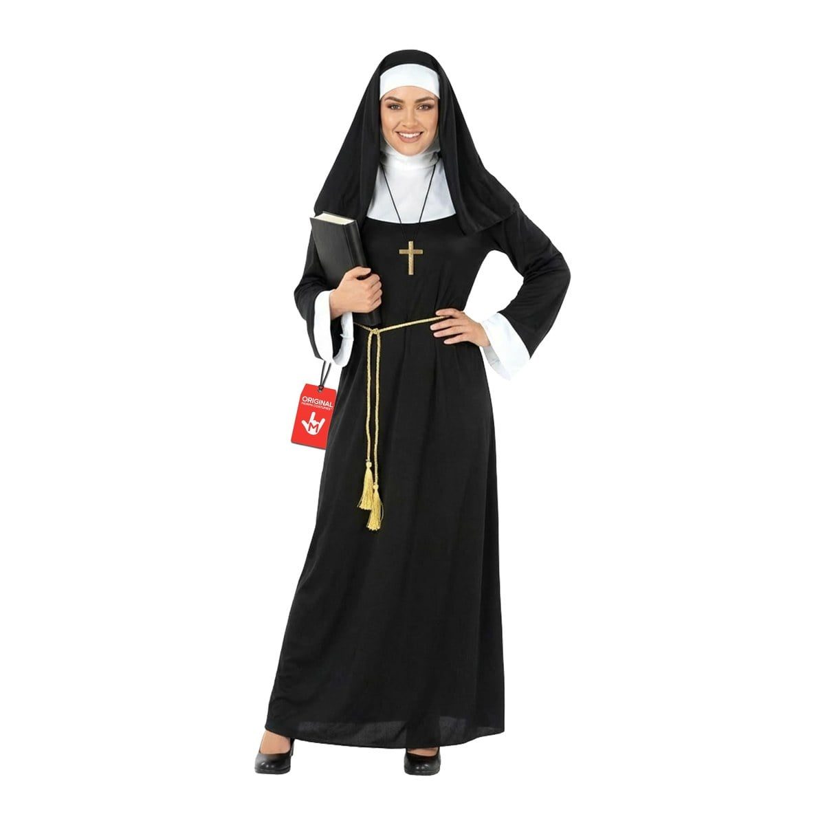Woman in a black nun robe with white cuffs, a white-band veil with neck cover, a gold rope belt with tassels, and a large gold cross