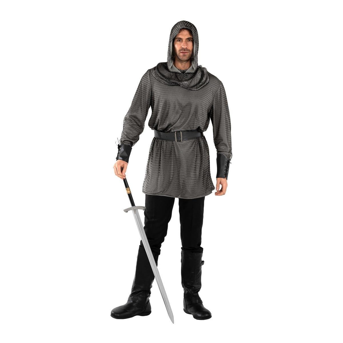 Man in a hooded gray chainmail-style tunic with a black belt and black cuffs, worn with black pants and tall black boots, holding a long prop sword