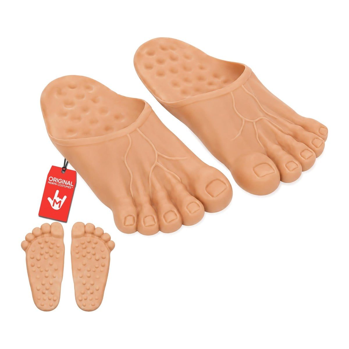 Pair of oversized beige vinyl bare feet shoe covers with exaggerated toes and sculpted veins, shown with a view of the textured soles