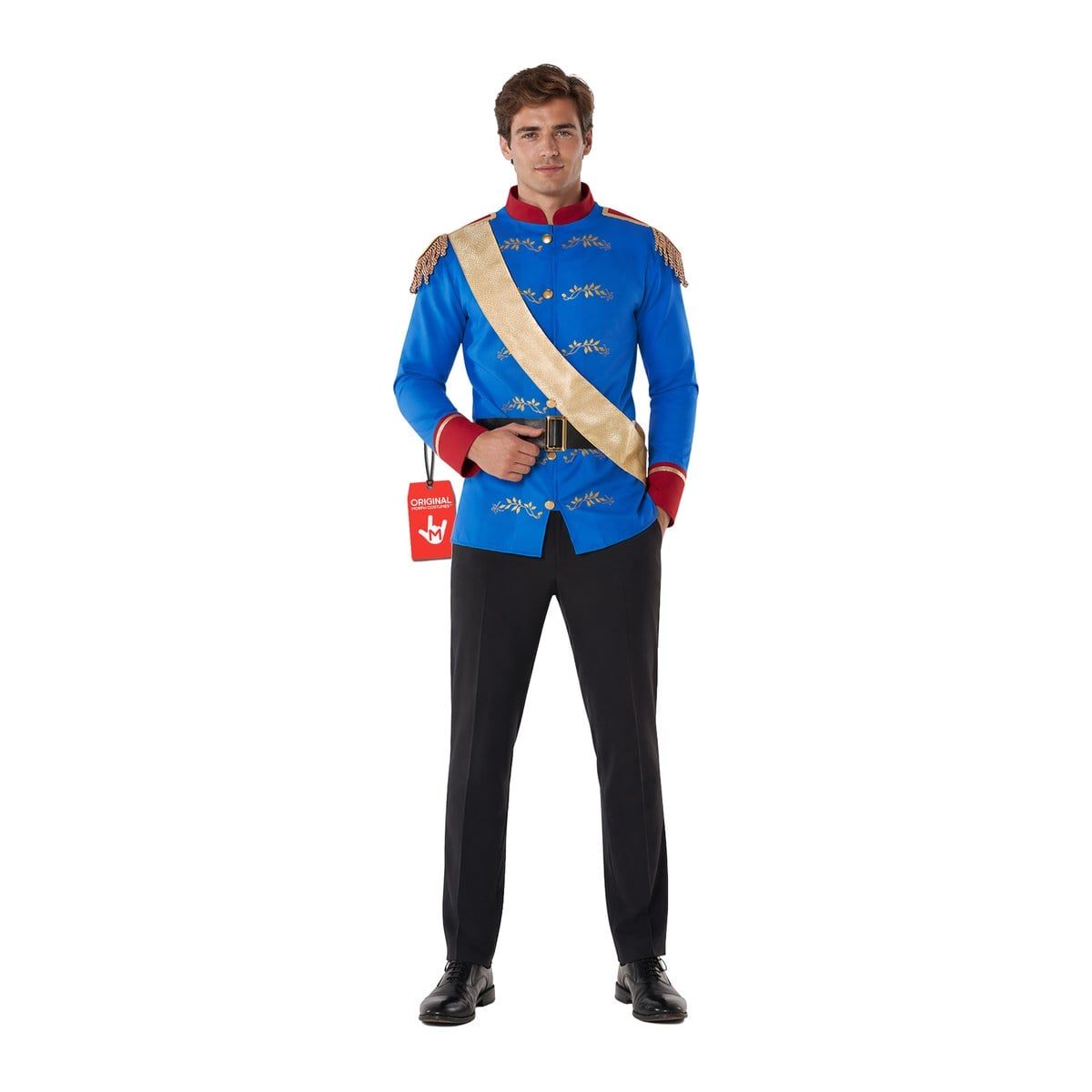 Man in a royal blue prince jacket with gold fringed epaulettes, a gold sash across the chest and a black belt with a gold buckle, worn over black pants