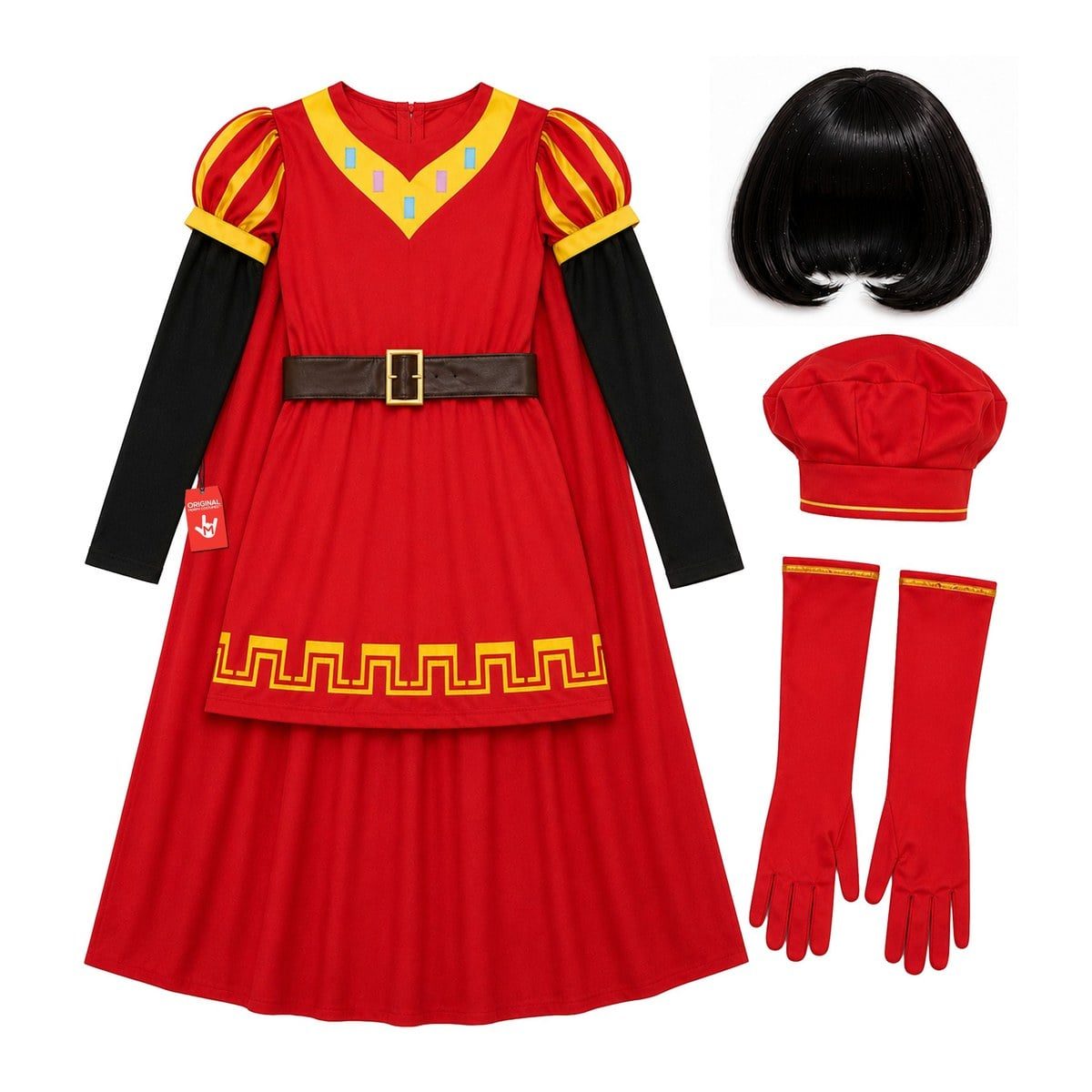 Red long-sleeved fairytale lord costume with an attached cape, yellow trim, a brown belt and gold buckle, shown laid out with a black bob wig, a red hat and red gloves