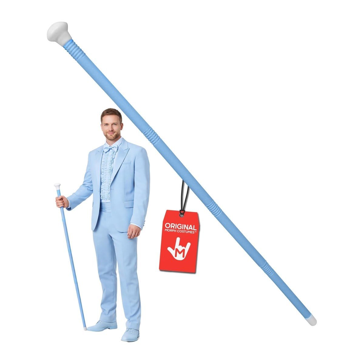 MorphCostumes Adult Blue Walking Cane, a powder blue plastic cane with ribbed grip bands and a white handle knob and tip, with an inset of a man in a blue tuxedo holding it