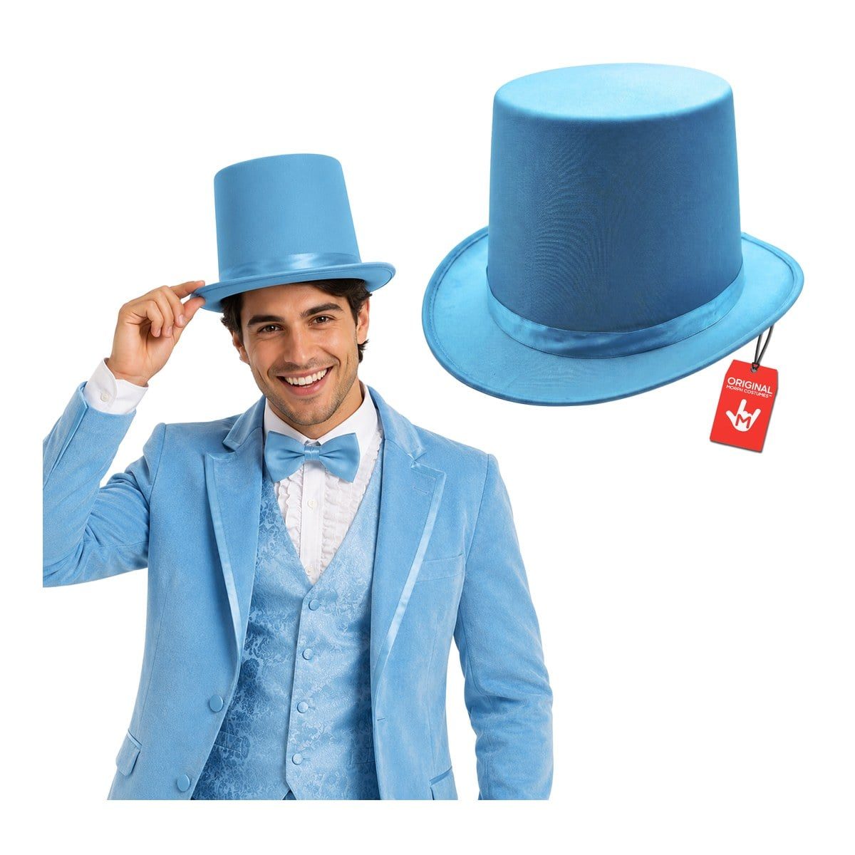 MorphCostumes Adult Blue Top Hat, a light blue top hat with a band, beside a man in a light blue tuxedo tipping the same hat