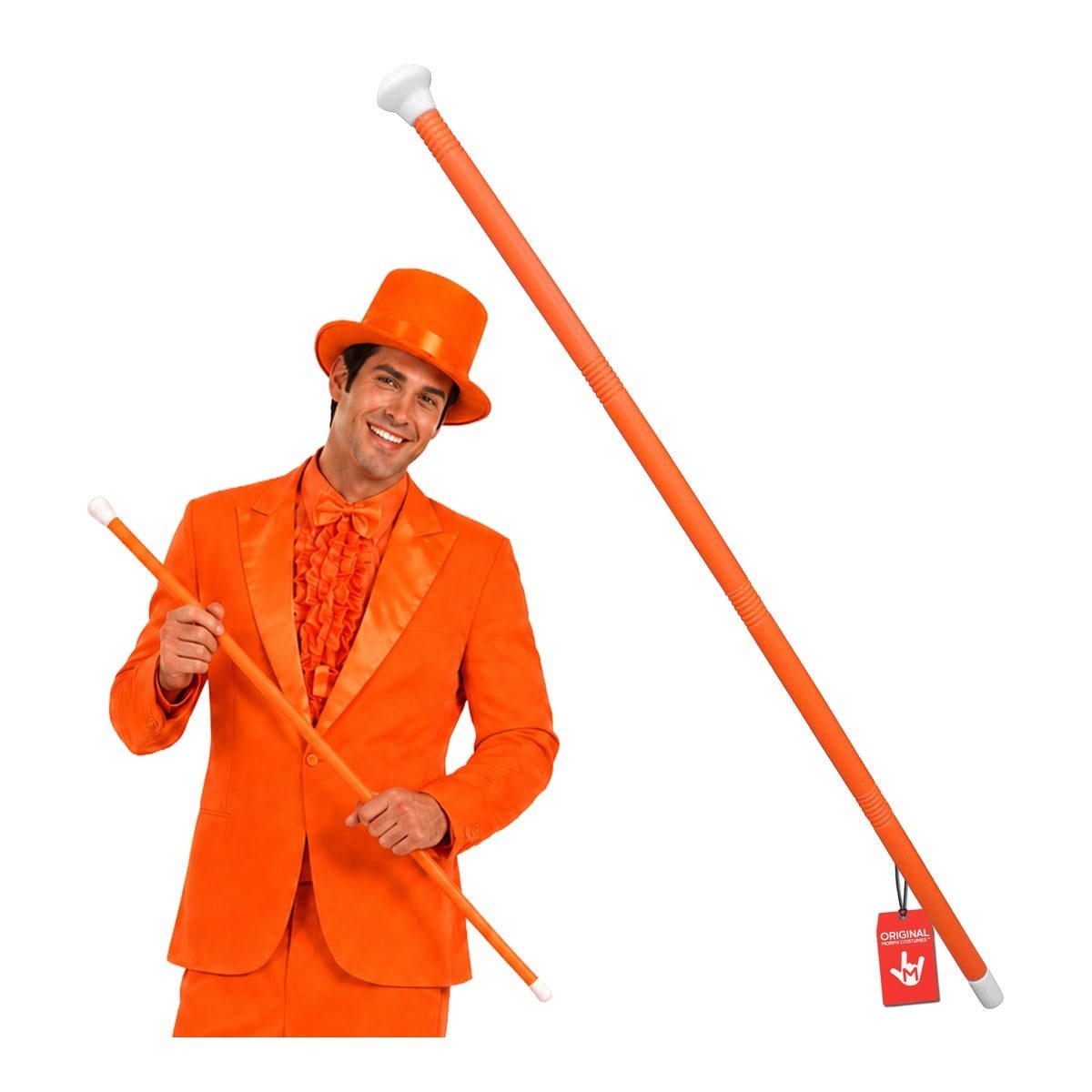 MorphCostumes Orange Walking Cane, an orange plastic cane with ribbed grip bands and a white handle knob and tip, with an inset of a man in an orange suit and top hat holding it