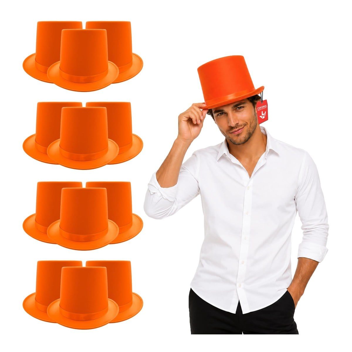 MorphCostumes Adult Orange Tall Top Hat, several orange top hats with orange satin bands stacked beside a man in a white shirt tipping one