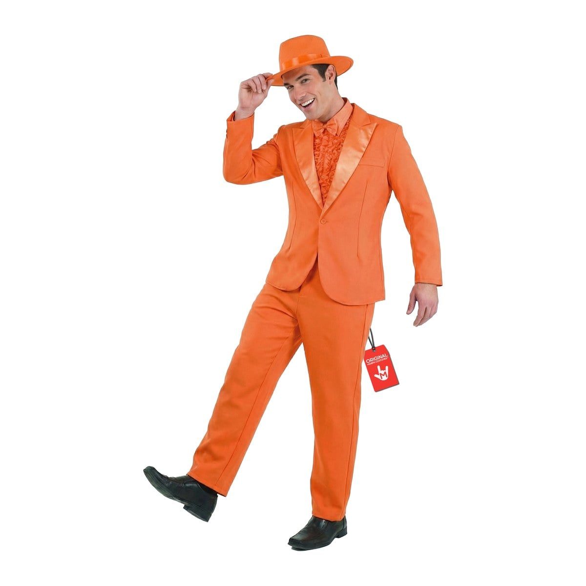 Man modeling the MorphCostumes Men's Orange Suit Costume, an orange suit with an orange ruffled shirt front, an orange bow tie, and an orange hat