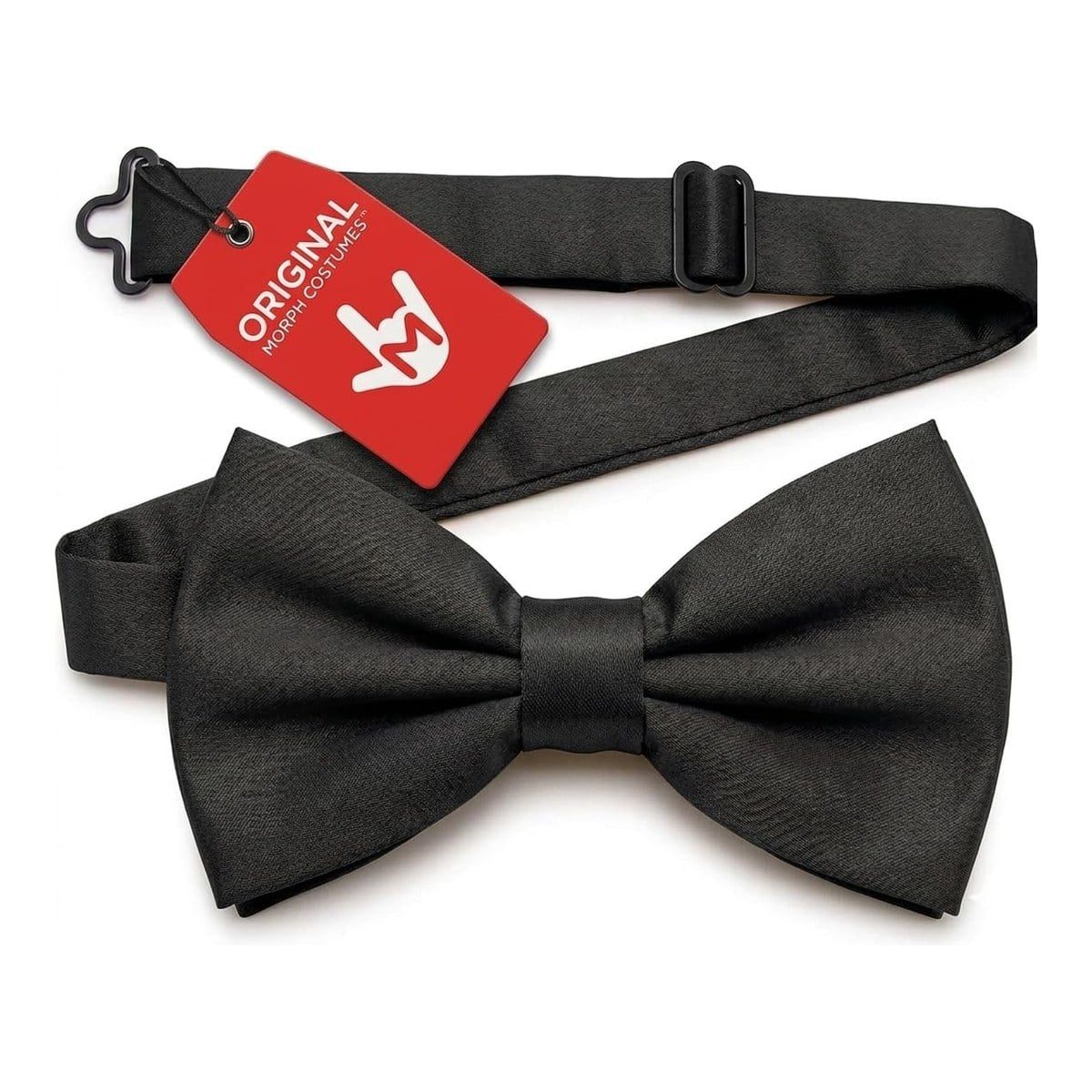 Black satin pre-tied bow tie with an adjustable neckband and hook closure
