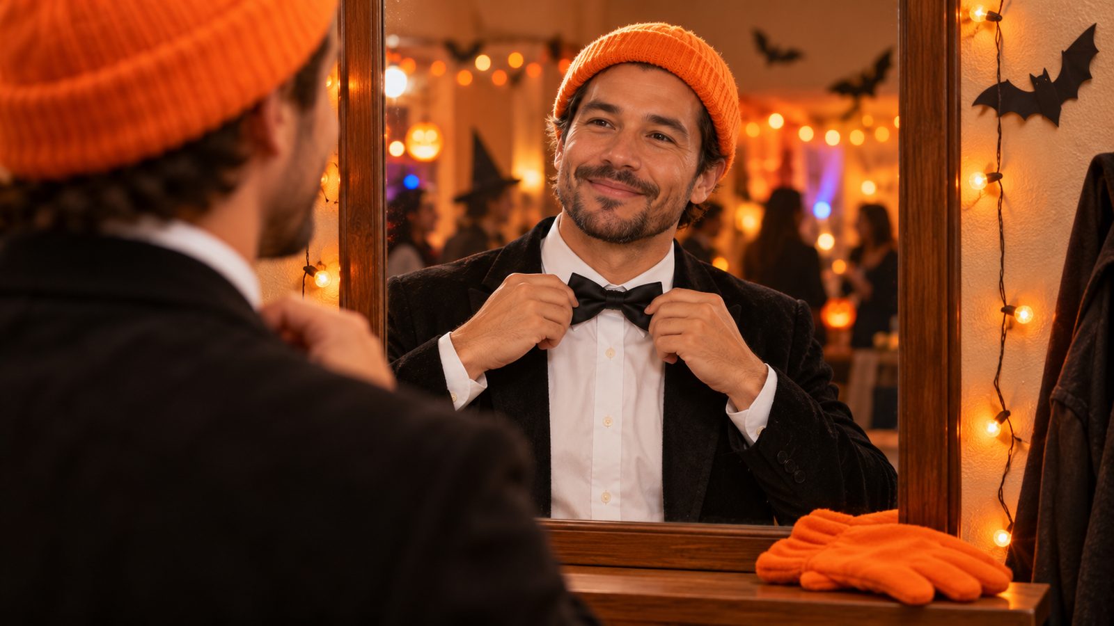 Over-the-shoulder view of a man in a black jacket, white shirt, and orange beanie fastening a black satin pre-tied bow tie in a mirror before a Halloween party