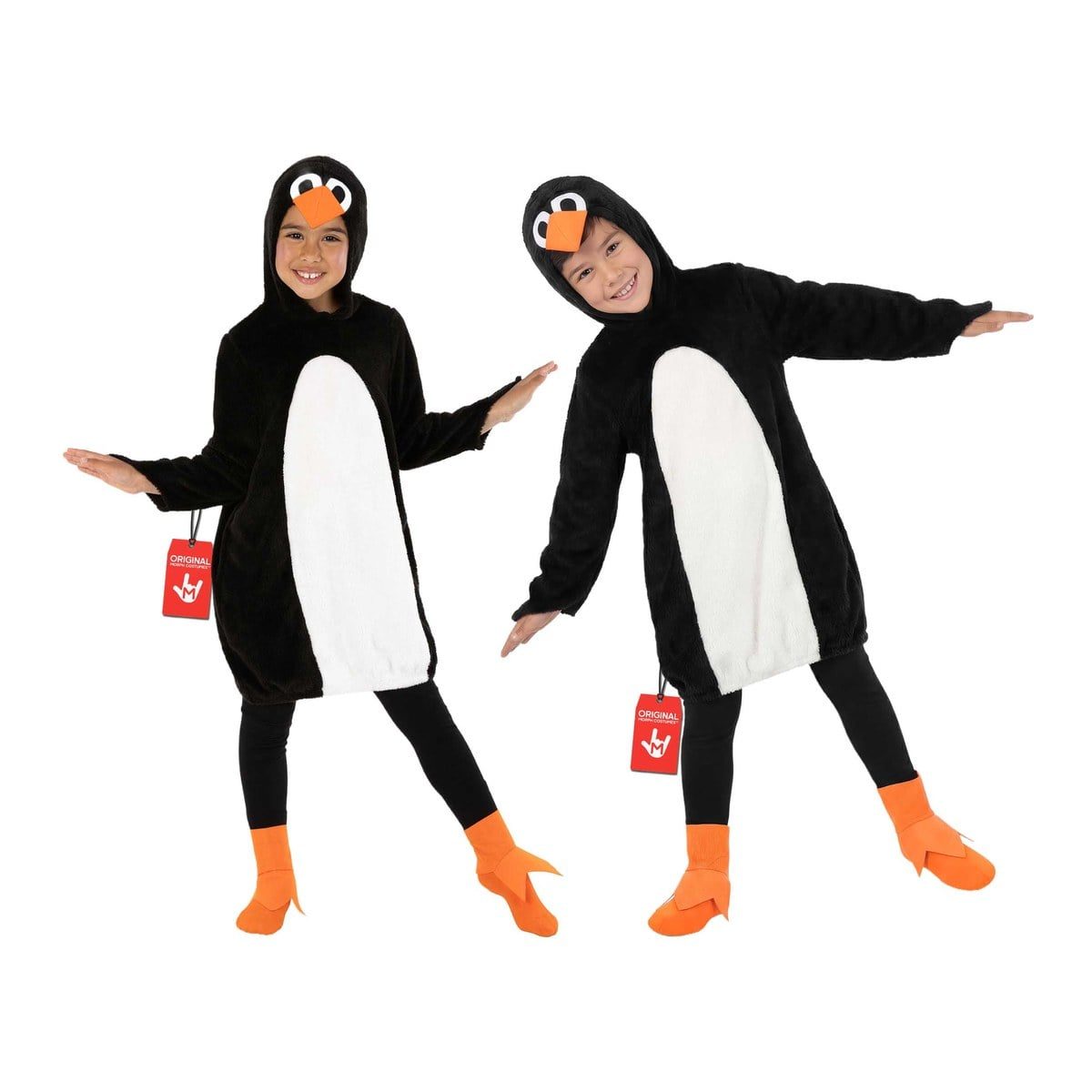 Two children in black plush hooded penguin suits with large white oval bellies, hoods with eyes and an orange beak, and orange penguin-feet shoe covers
