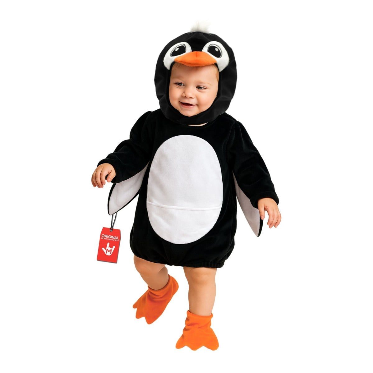 Baby in a padded black penguin tabard with a white oval belly and flipper-shaped sides, a hood with big eyes and an orange beak, and orange webbed booties